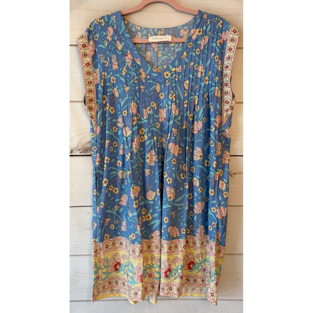 Walker & Wade Blue Floral Pintuck Rayon Mini Dress Sleeveless Small